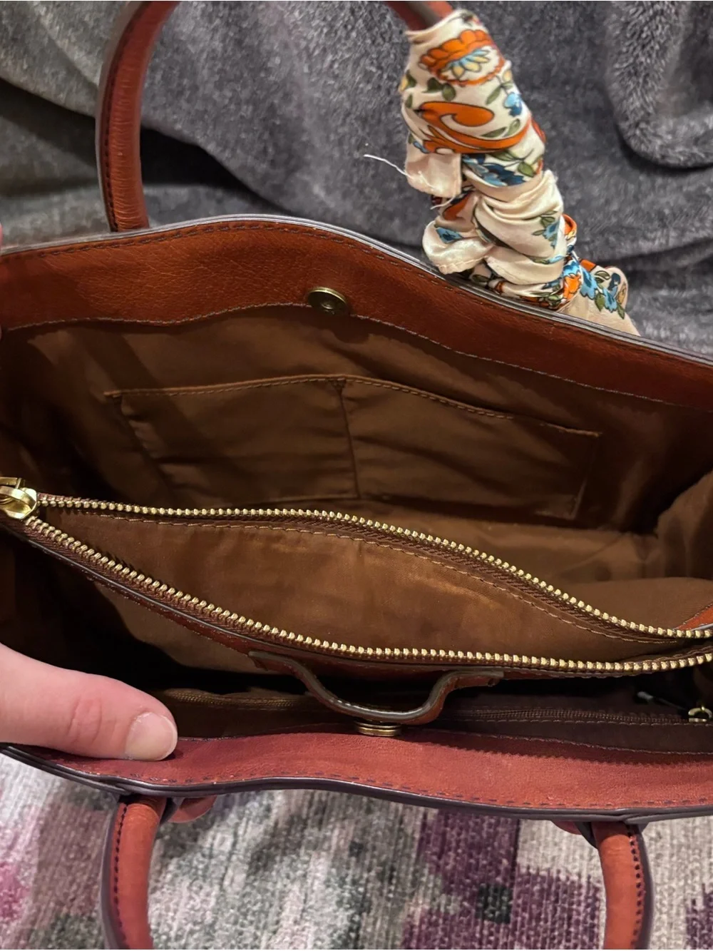 Fossil Leather Satchel Tote in Rich Chestnut Brown with Floral Scarf Accent